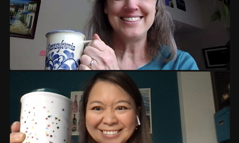 Cindy Lund and Marlynn Jayme Schotland holding cups of coffee on Zoom.